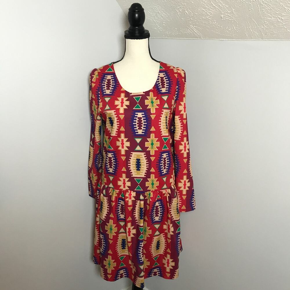 Anthropologie Eyedoll Wildfires Dress S Geometric Drop Waist Long Sleeve Boho - Picture 2 of 12